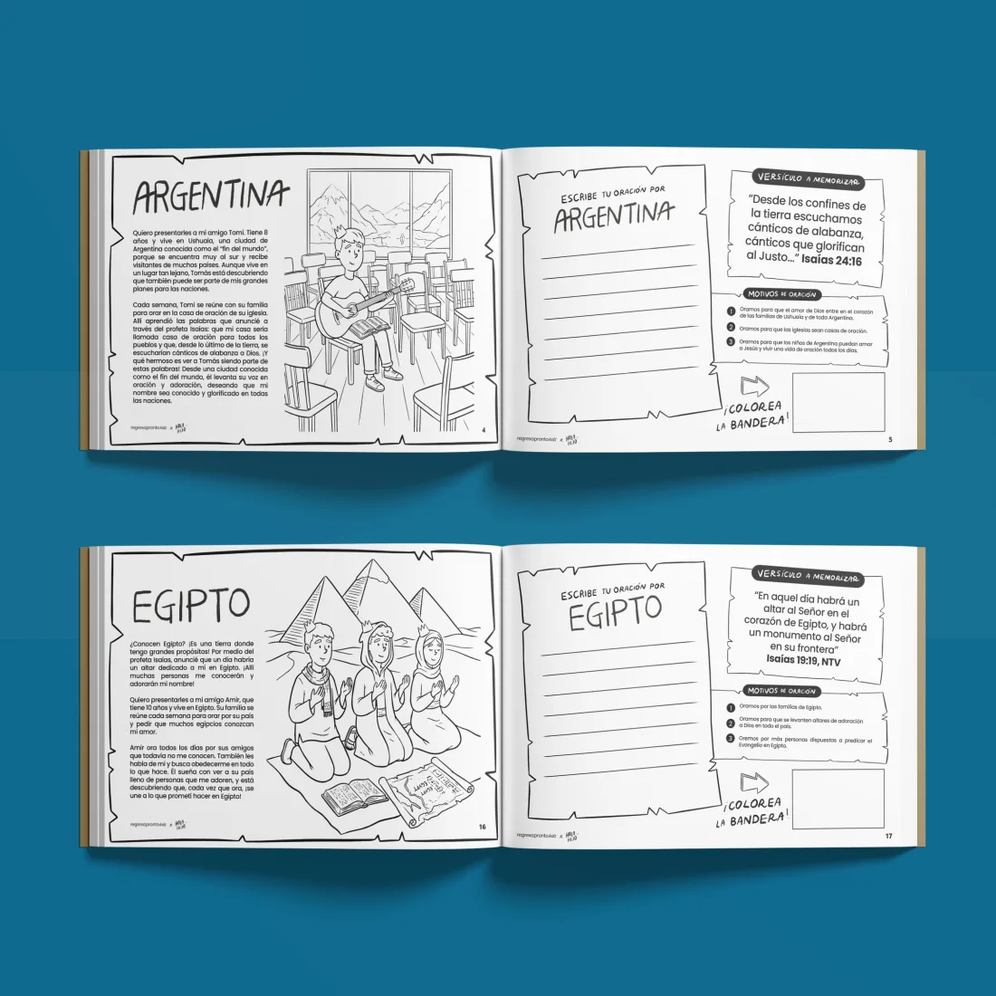 Páginas interiores del libro con las historias de Argentina y Egipto para colorear
