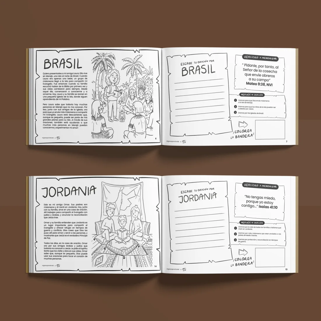 Páginas interiores del libro con las historias de Brasil y Jordania para colorear