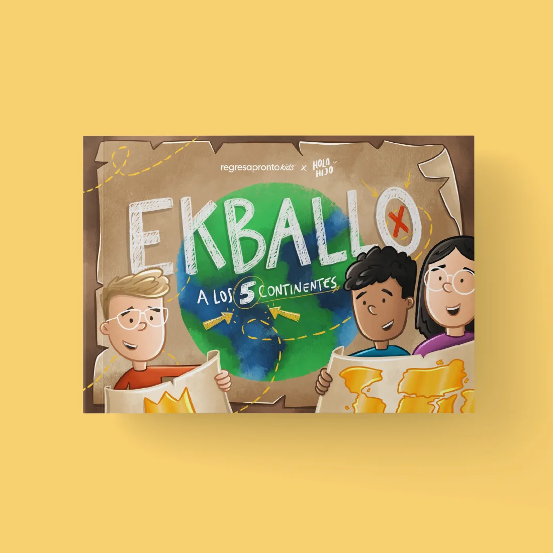 Portada del libro EKBALLO a los 5 continentes: tres niños con mapas frente a un globo terráqueo