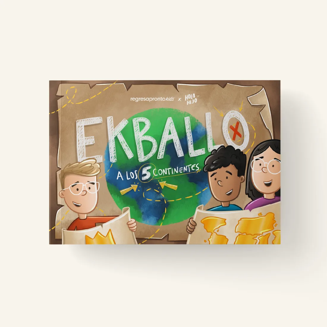 Portada del libro EKBALLO a los 5 continentes: tres niños con mapas frente a un globo terráqueo